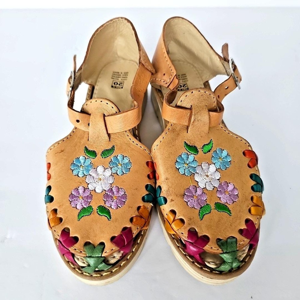 Kids Unbranded Huarache Sandals Embroidered Leather Tan Floral Boho Size 1